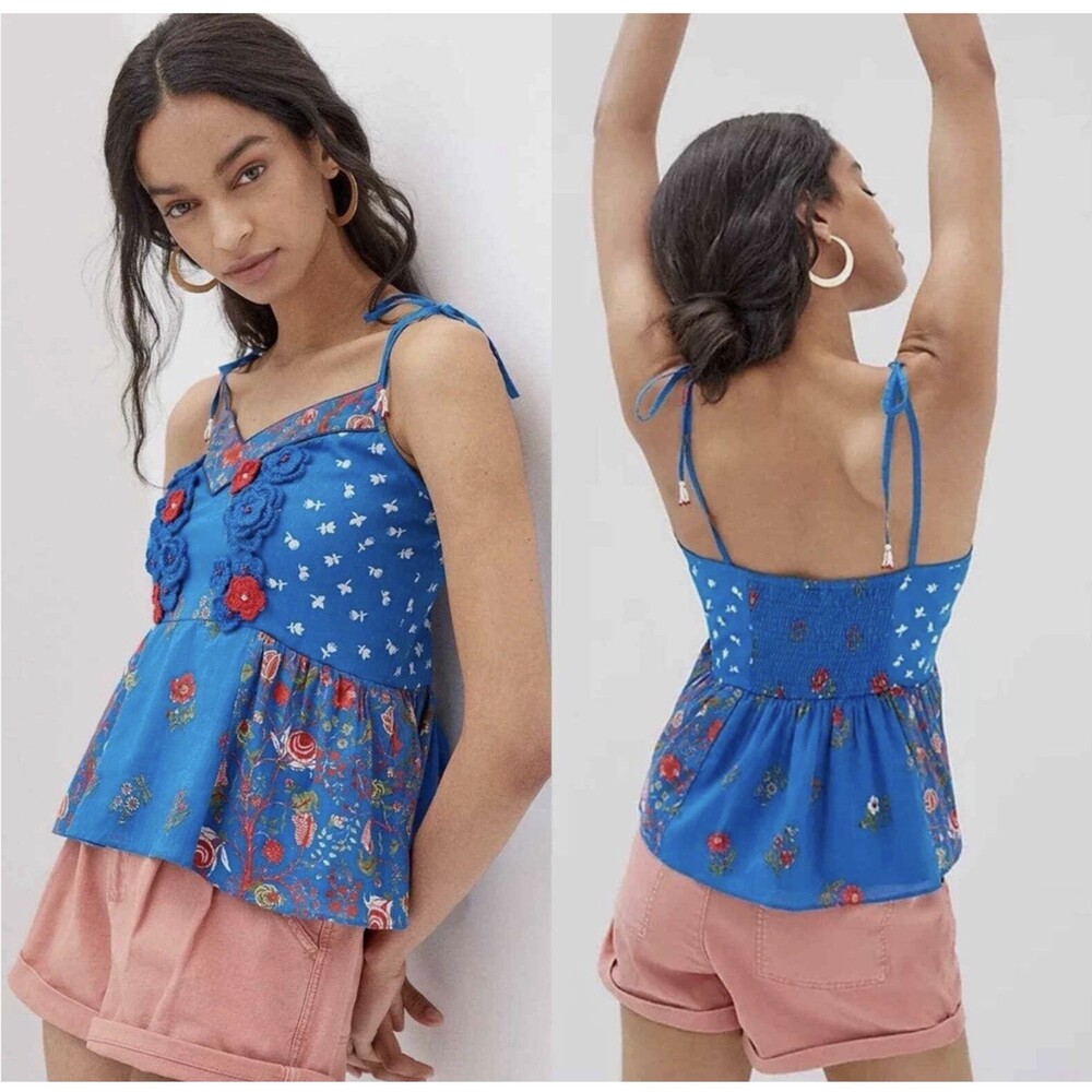 Anthropologie Nikasha Floral Crochet Babydoll Tank Embroidered Tie Strap Size S